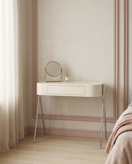 Elodie Vanity Desk styled in a bedroom