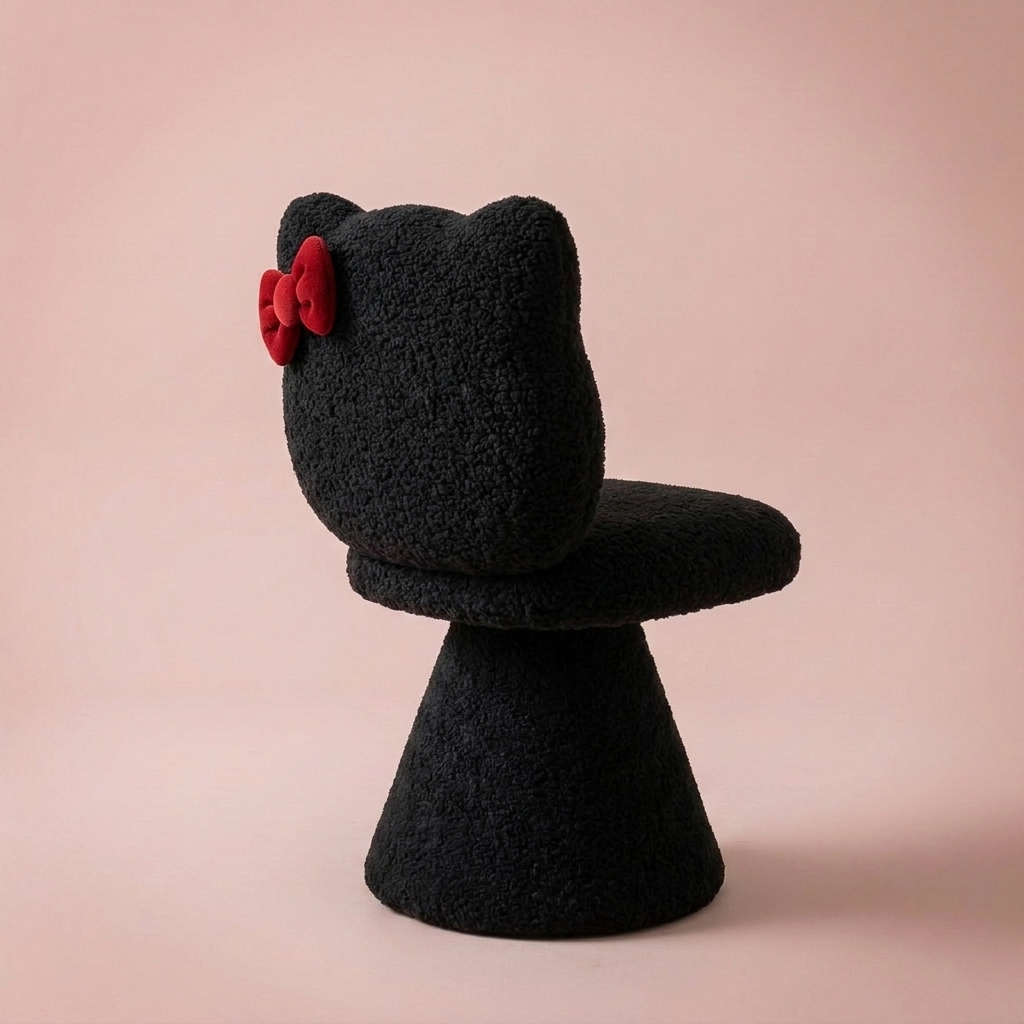 Maribel Vanity Chair, Closed Back Black Lamb Fleece seen from behind, bow on the backrest