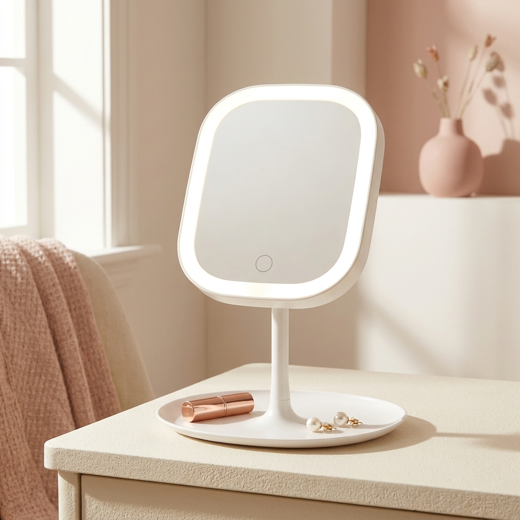 Mila Compact Mirror lit on a desk (props not included)